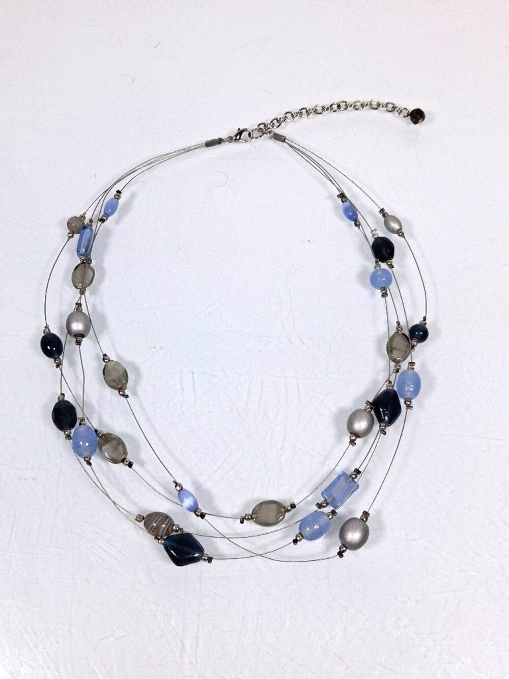 Vintage Multi 4 Strand Beaded Wire Necklace With Blue And Clear Beads Adjustable